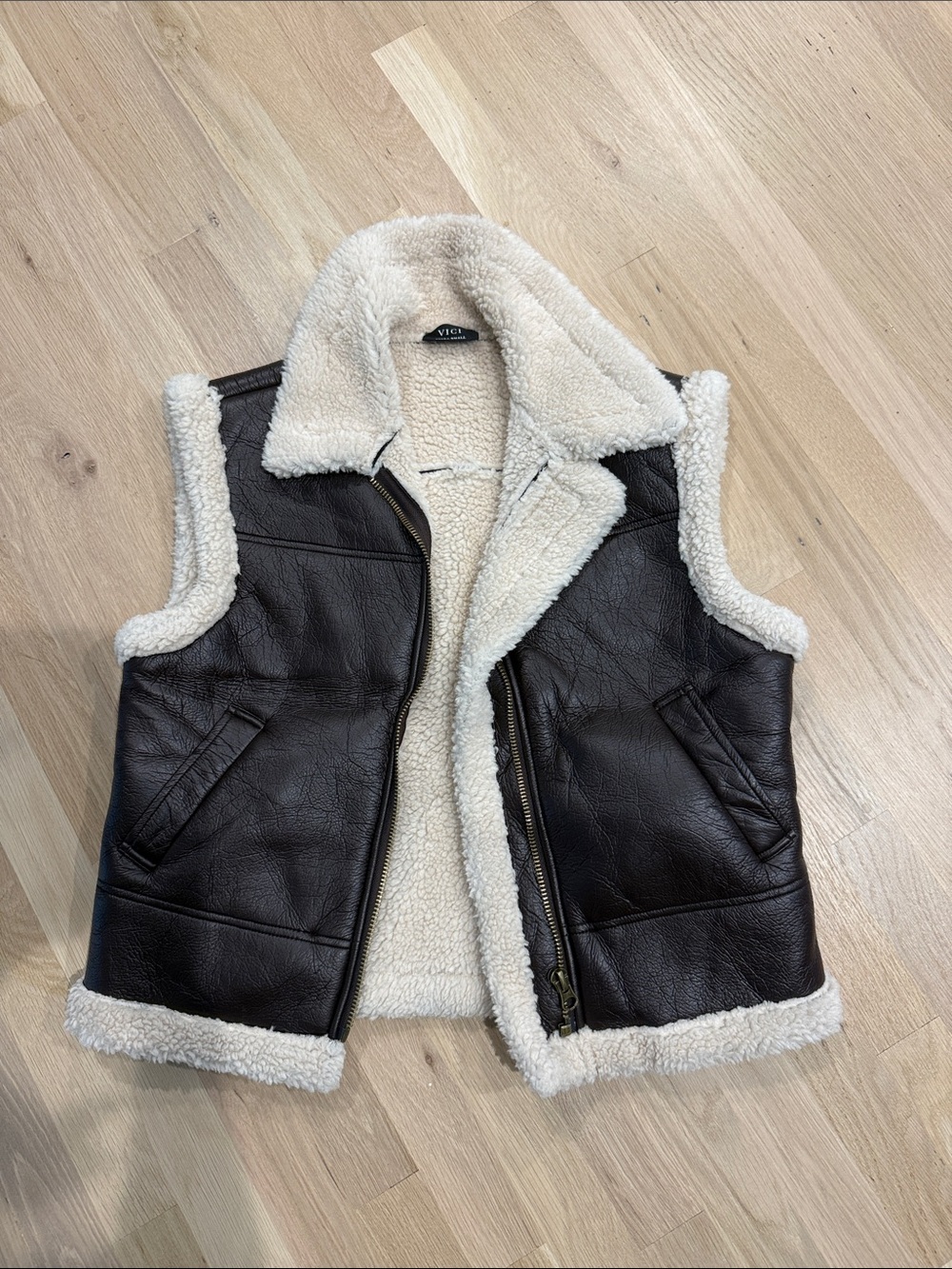 Vici Dark Brown Faux Leather Shearling-Lined Vest with Cream Trim
